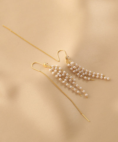 Pendientes colgantes con borlas de perlas de aleación de plata esterlina y oro de moda  Pendientes colgantes con borlas de perlas de aleación de plata esterlina y oro de moda