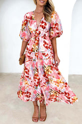 Böhmische elegante Blumen Patchwork V-Ausschnitt A-Linie Kleider