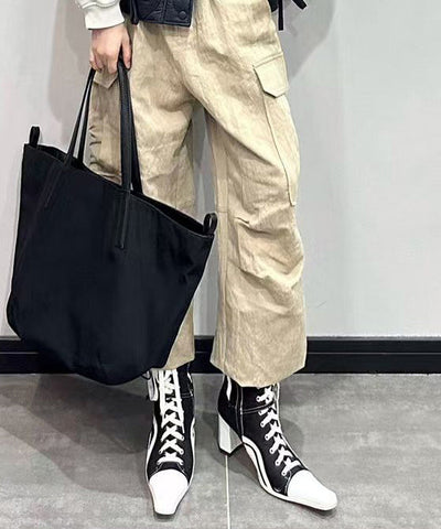 Black Splicing Canvas Cross Strap Chunky Boots Black Splicing Canvas Cross Strap Chunky Boots