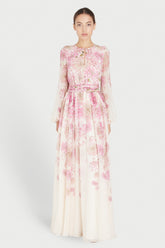 Floral Print Round Neck Puff Sleeve Maxi Dress