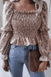 Lässiger Druck Volant Falten Quadrat Kragen Tops