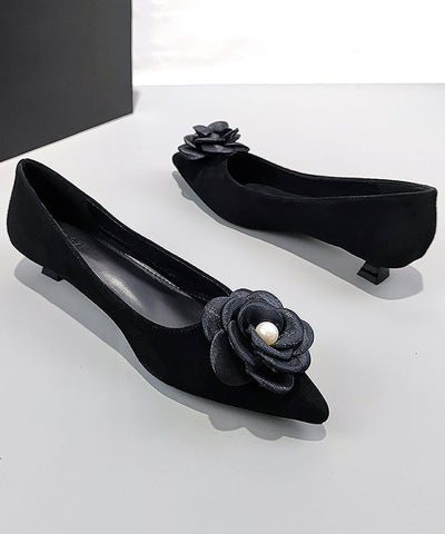 Black Suede Floral Splicing Kitten Shoes Pointed Toe Black Suede Floral Splicing Kitten Shoes Pointed Toe