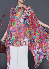 Bohemian Rot Asymmetrische Print Chiffon Shirt Tops Sommer