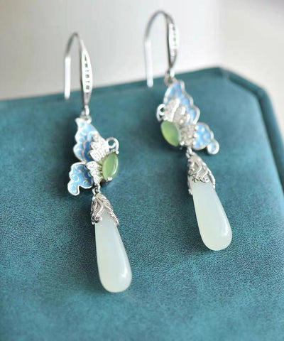 Retro Gold Sterling Silber Overgilt Jade Emaille Schmetterling Wassertropfen Tropfen Ohrringe  Retro Gold Sterling Silber Overgilt Jade Emaille Schmetterling Wassertropfen Tropfen Ohrringe