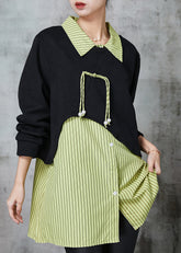 Blusa de dos piezas de algodón con parches de rayas verdes y borlas para primavera