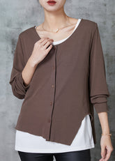 Khaki Patchwork Baumwolle Gefälschte Zwei Stück Tops Asymmetrische