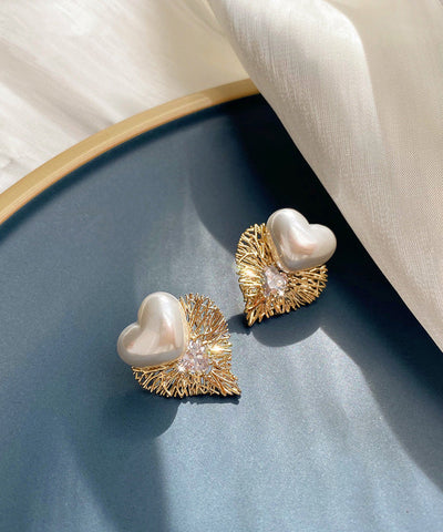 Modern White Sterling Silver Alloy Crystal Love Pearl Stud Earrings Modern White Sterling Silver Alloy Crystal Love Pearl Stud Earrings