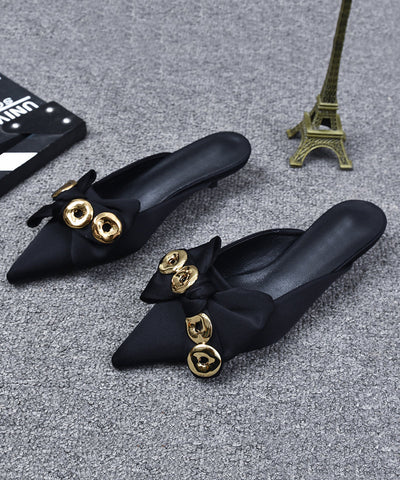 Sandalias negras con lazo y lentejuelas, estilo gatito, punta puntiaguda  Sandalias negras con lazo y lentejuelas, estilo gatito, punta puntiaguda