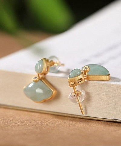 Original Design Cyan Sterling Silver Overgild Zircon Jade Ginkgo Leaf Stud Earrings Original Design Cyan Sterling Silver Overgild Zircon Jade Ginkgo Leaf Stud Earrings