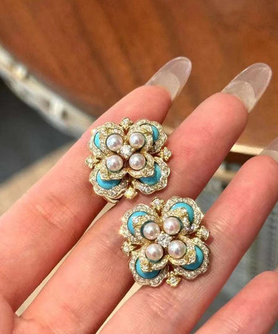 Oversize Colorblock Alloy Pearl Zircon Turquoise Stud Earrings Oversize Colorblock Alloy Pearl Zircon Turquoise Stud Earrings