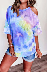 Crew Neck Cold Shoulder Tie Dye T-shirt