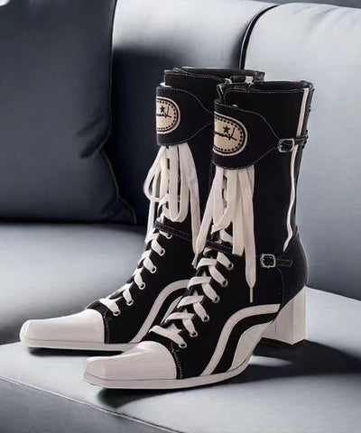 Black Splicing Canvas Cross Strap Chunky Boots Black Splicing Canvas Cross Strap Chunky Boots