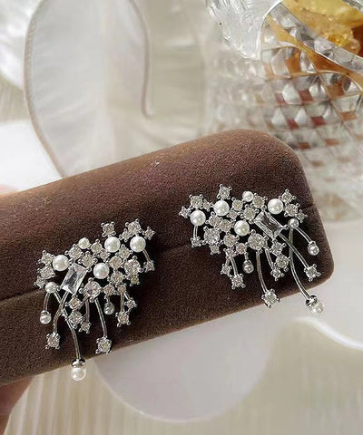 Modern Silk Sterling Silver Zircon Pearl Stud Earrings Modern Silk Sterling Silver Zircon Pearl Stud Earrings