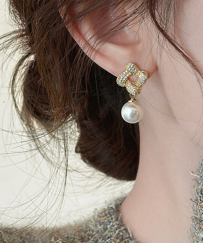 Pendientes colgantes cuadrados de perla y circonita de aleación de plata esterlina y oro de moda  Pendientes colgantes cuadrados de perla y circonita de aleación de plata esterlina y oro de moda