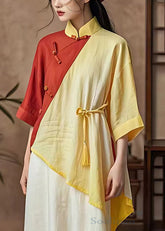 Rosafarbene, asymmetrische Baumwollblusen mit Knöpfen im chinesischen Stil, halbe Ärmel