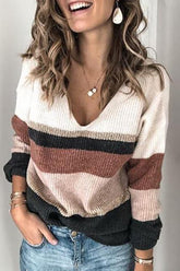 Lässiger Patchwork-Pullover mit V-Ausschnitt und Farbblock (3 Farben)