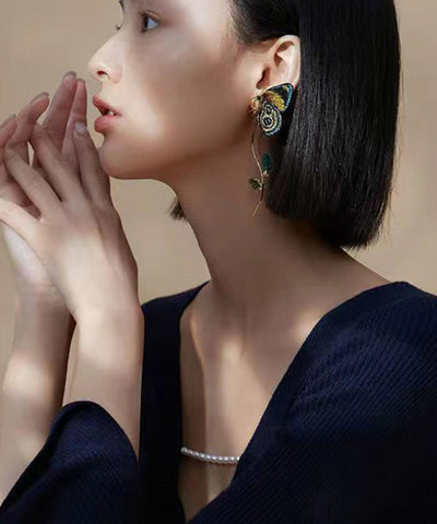 Handmade Colorblock Sterling Silver Overgild Embroidery Butterfly Detachable Drop Earrings Handmade Colorblock Sterling Silver Overgild Embroidery Butterfly Detachable Drop Earrings