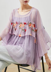 Handgemachte lila bestickte extra große Seidenbluse mit Saum, Armbandärmel