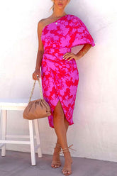 Meridress One-Shoulder-Kleid mit Fledermausärmeln und Print im Tulpenstil