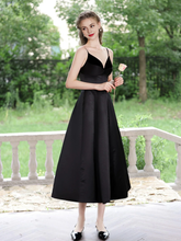 A-Line V Neck Tea Length Satin Black Prom Dress Formal Dress