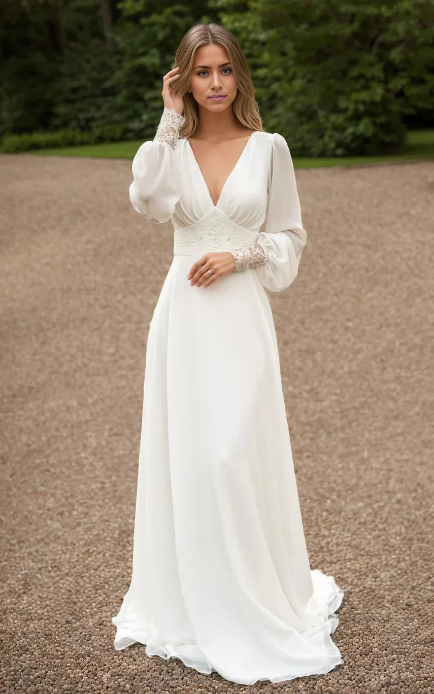 A-Line Floor Chiffon Long Sleeve Train Wedding Dress with Sequins