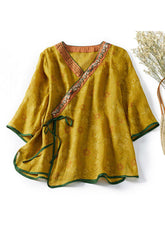 Blusas elegantes de algodón con encaje y bordado amarillo para primavera