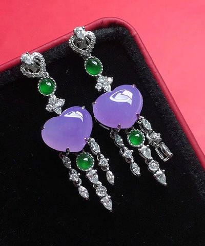 Fine Purple Sterling Silver Inlaid Zircon Love Jade Tassel Drop Earrings Fine Purple Sterling Silver Inlaid Zircon Love Jade Tassel Drop Earrings