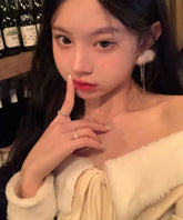 Elegant White Sterling Silver Alloy Fuzzy Ball Tassel Drop Earrings