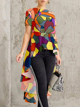 High-Low Loose Contrast Color Printed Round-Neck T-Shirts Tops