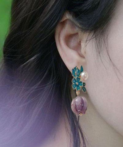 Pendientes colgantes de aleación de plata de ley azul retro con flores de linglan esmaltadas en color  Pendientes colgantes de aleación de plata de ley azul retro con flores de linglan esmaltadas en color