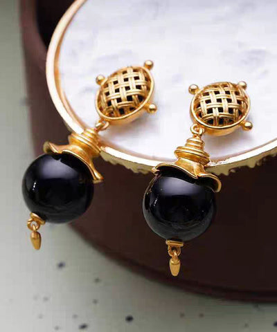 French Black Copper Alloy Gem Stone Enamel Drop Earrings French Black Copper Alloy Gem Stone Enamel Drop Earrings