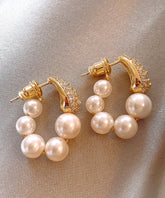Elegant Gold Copper Alloy Zircon Pearl Hoop Earrings