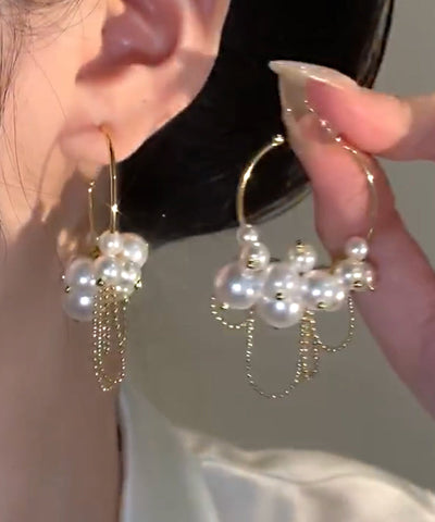 Original Design Gold Copper Alloy Pearl Tassel Hoop Earrings Original Design Gold Copper Alloy Pearl Tassel Hoop Earrings