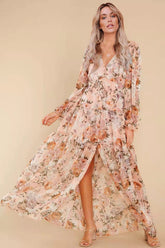 Floral Puff Sleeve V-Neck Ruffle Hem Maxi Dress