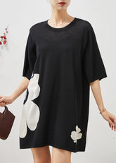 Minivestido elegante de algodón negro de gran tamaño con estampado floral para verano