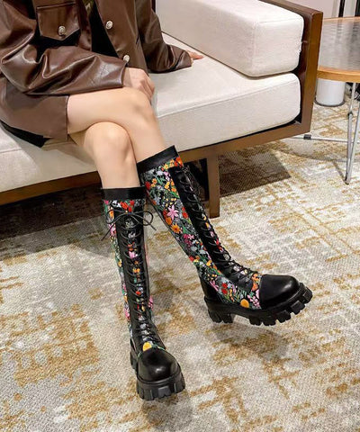 Black Embossed Splicing Chic Platform Boots Lace Up Black Embossed Splicing Chic Platform Boots Lace Up