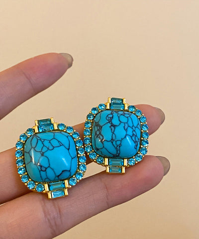 Pendientes de aleación azul retro con incrustaciones de circonita y turquesa  Pendientes de aleación azul retro con incrustaciones de circonita y turquesa
