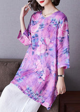 Blusas sueltas de lino con estampado morado y cuello redondo con mangas de pulsera