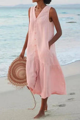 Vestido playero Meridress con cuello en V, sin mangas y botones