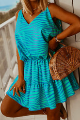 Meridress V Neck Tie Shoulder Waisted Printed Swing Cami Dress