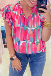 Bluse mit abstraktem Rosenmuster und Rüschenärmeln und V-Ausschnitt