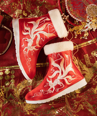 Boho Red Satin Embroidery Splicing Boots Fuzzy Wool Lined Boho Red Satin Embroidery Splicing Boots Fuzzy Wool Lined