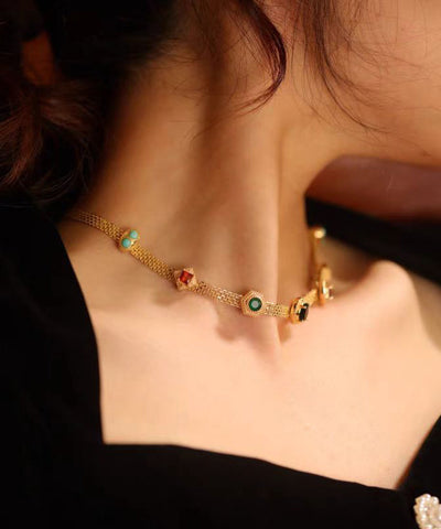 Collar de princesa con gemas turquesas y circonitas de aleación de arcoíris a la moda  Collar de princesa con gemas turquesas y circonitas de aleación de arcoíris a la moda