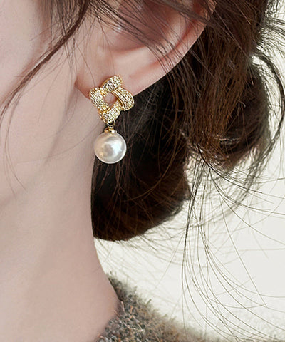 Pendientes colgantes cuadrados de perla y circonita de aleación de plata esterlina y oro de moda  Pendientes colgantes cuadrados de perla y circonita de aleación de plata esterlina y oro de moda