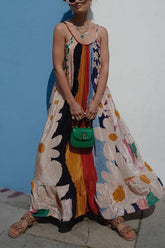 Maxi-Camisole-Kleid mit U-Ausschnitt, Farbblock und Blumendruck