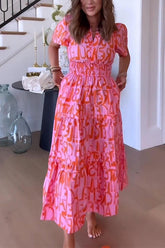 Meridress Maxi-Swing-Kleid mit V-Ausschnitt und gesmoktem Bund und abstraktem Print