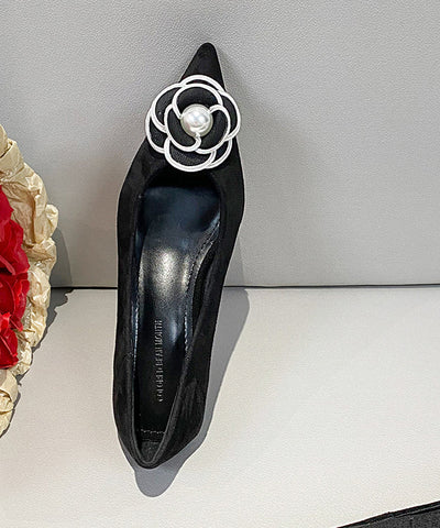 Classy Splicing Kitten Shoes Black Suede Floral Classy Splicing Kitten Shoes Black Suede Floral