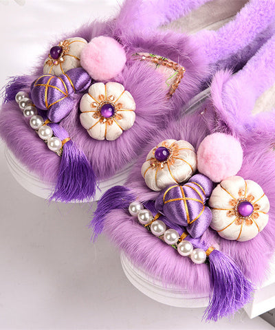 Lila Retro Handgefertigte Plateau-Ballerinas mit flauschiger Wolle im Spleiß-Design  Lila Retro Handgefertigte Plateau-Ballerinas mit flauschiger Wolle im Spleiß-Design