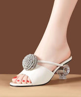 Damen Kristall Chunky Heel Beige Slide Sandalen Peep Toe