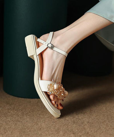 Boutique Beige Cowhide Leather CrystalSplicing Sandals Peep Toe Boutique Beige Cowhide Leather CrystalSplicing Sandals Peep Toe